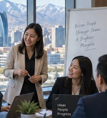 Facilitator leading a team session with the Ulaanbaatar skyline behind