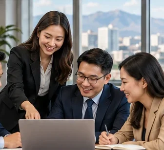 Colleagues planning training together on a laptop