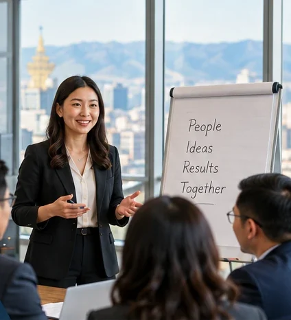 Facilitator leading a team workshop in an office overlooking Ulaanbaatar