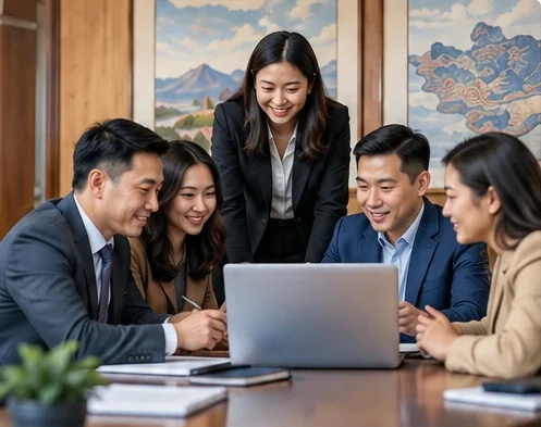 Colleagues planning a training programme together around a laptop