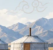 Gers on the Mongolian steppe with mountains behind