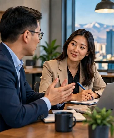 Colleagues having a one-to-one feedback conversation in an Ulaanbaatar office
